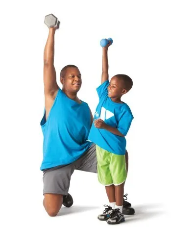 man and boy with weights