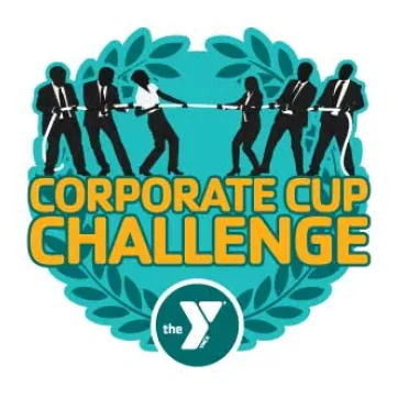 illustration of six people in office attire playing tug of war. Yellow text with green background reads Corporate Cup Challenge. The YMCA logo in white inside dark green circle background.